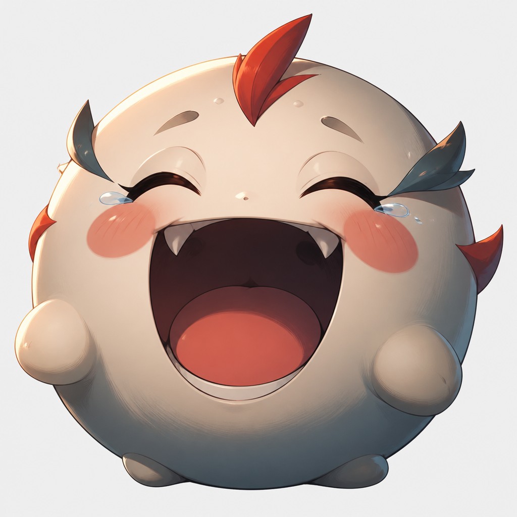 an exaggerated laughing face of an original round mascot character, bold and readable at small size, plain background, no text — Semi-Realistic Anime Art Style Twitch emote