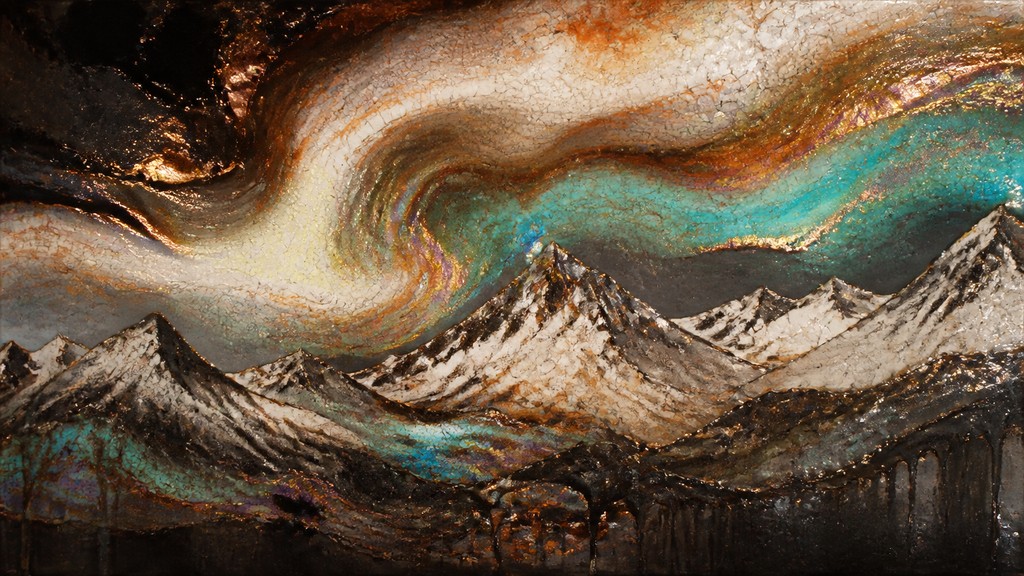 a flowing aurora over snowy peaks, wide sweeping composition, no people, no text — Japanese Raku Ceramic Art Style banner