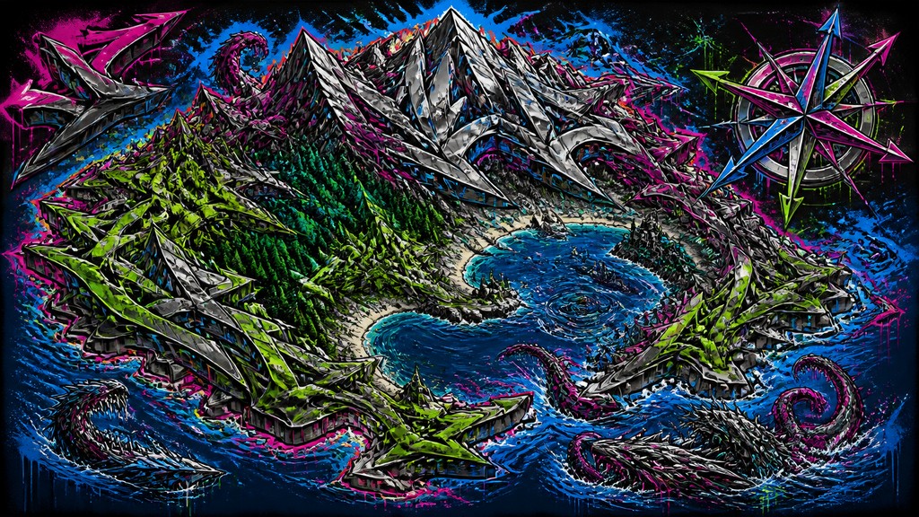 a map of an island realm with mountains, forests, a sheltered bay, sea monsters in the water and a compass rose, no text labels — Wildstyle Graffiti Street Art Style fantasy map