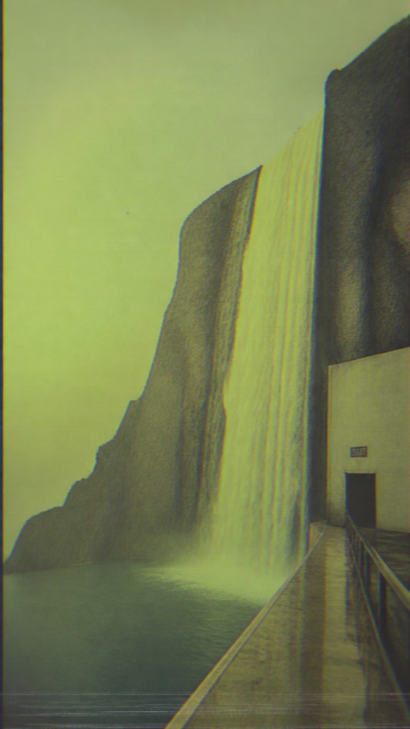 towering waterfall cascading down a cliff — Creepy Liminal Art Style