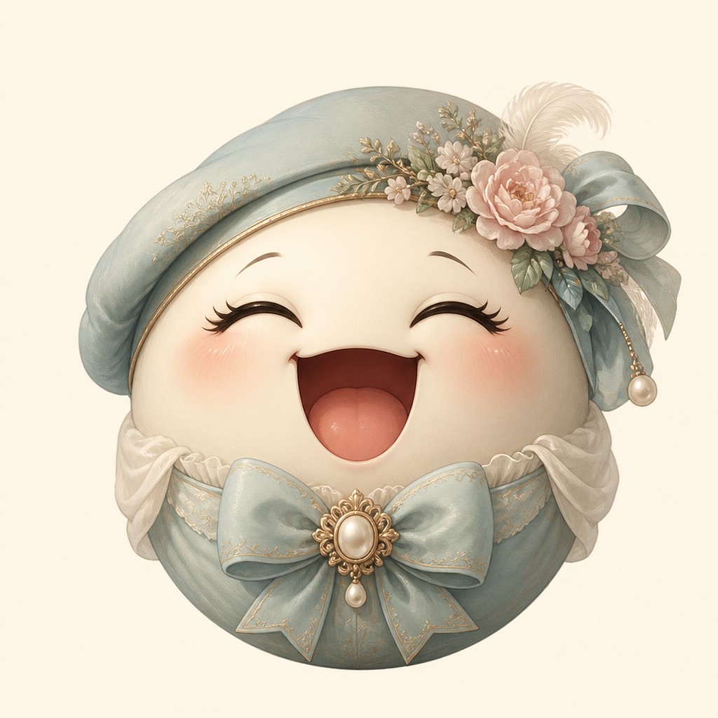 an exaggerated laughing face of an original round mascot character, bold and readable at small size, plain background, no text — Regencycore Aesthetic Twitch emote