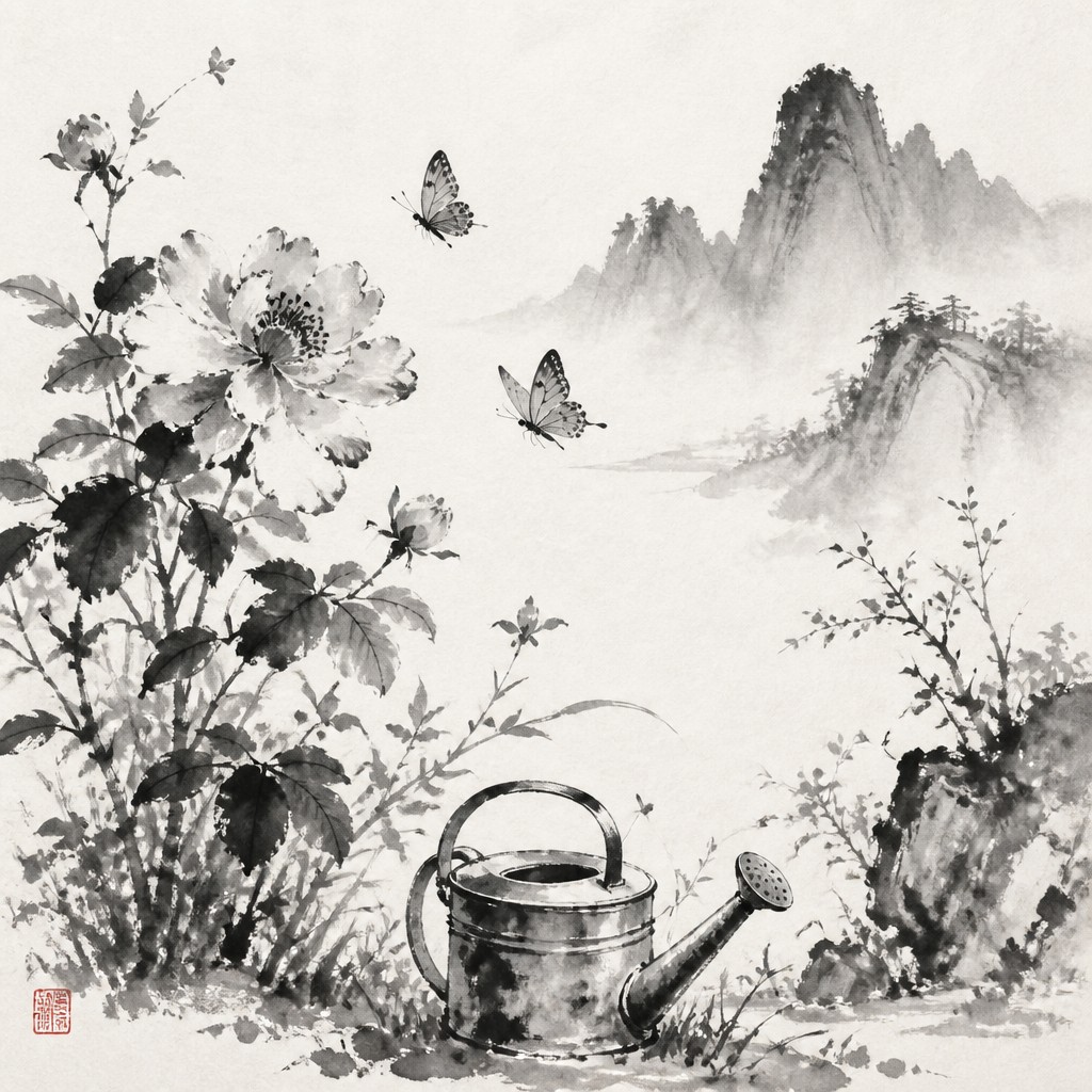 a garden scene with butterflies, flowers and a watering can, clean uncolored line art, no text — Traditional Chinese Landscape Art Style coloring page