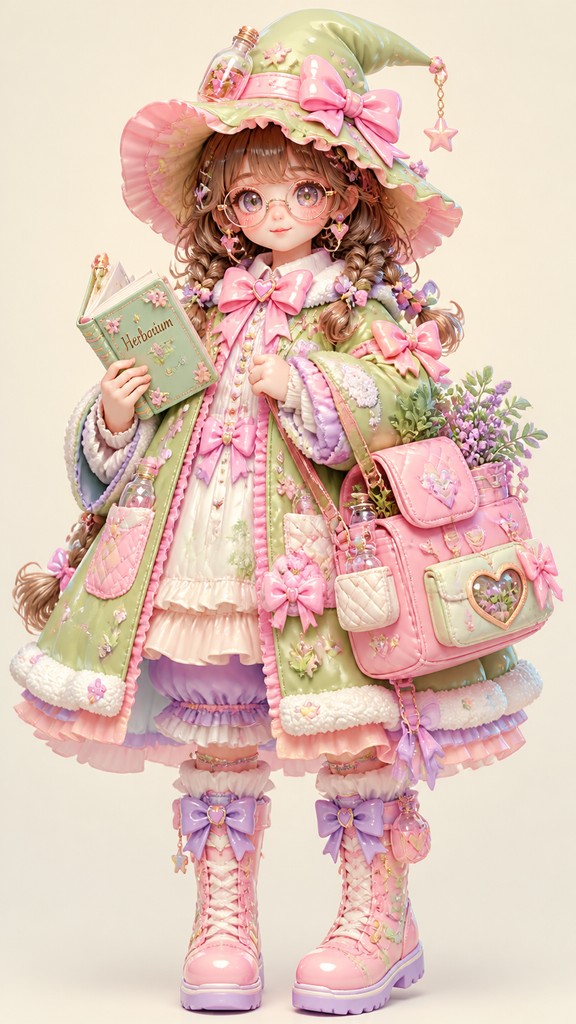full-body original character: a wandering botanist with a satchel of plants, a patched green cloak, tall boots and round glasses, neutral background — Kawaii Fashion Style character design