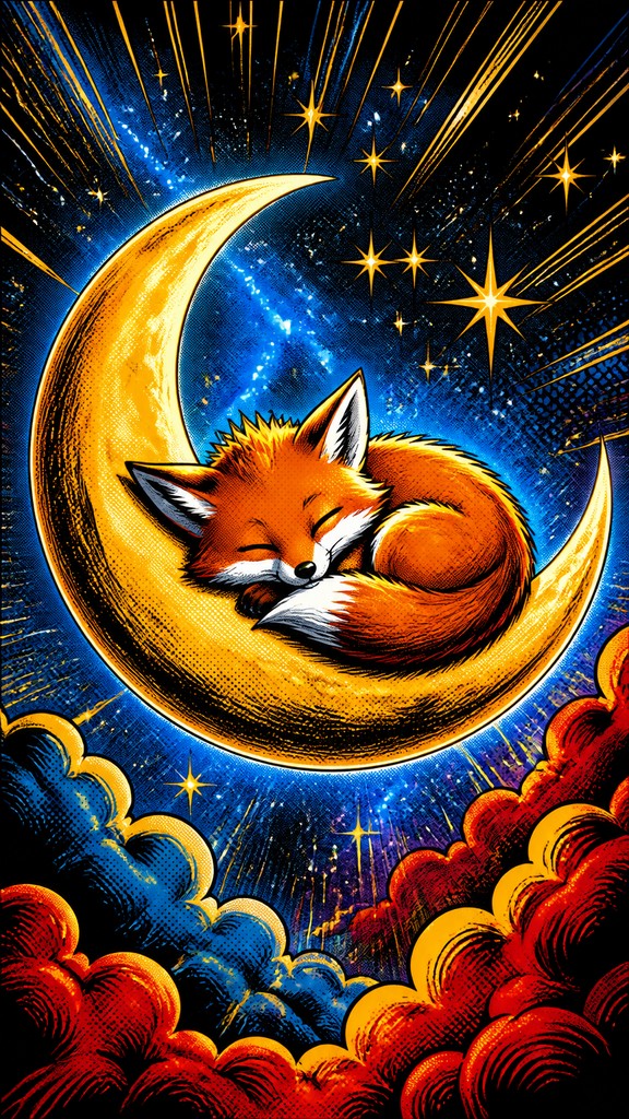 a sleeping baby fox curled on a crescent moon among soft stars, gentle and warm, no text — Superhero Comic Art baby announcement