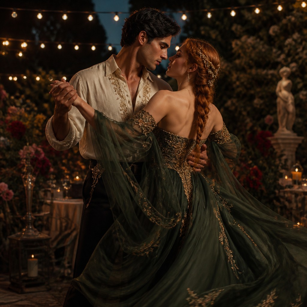 an original couple dancing under string lights in a garden at dusk: a man with short black hair in a linen shirt and a woman with braided red hair in a summer dress — Haute Couture Fashion Design couple portrait