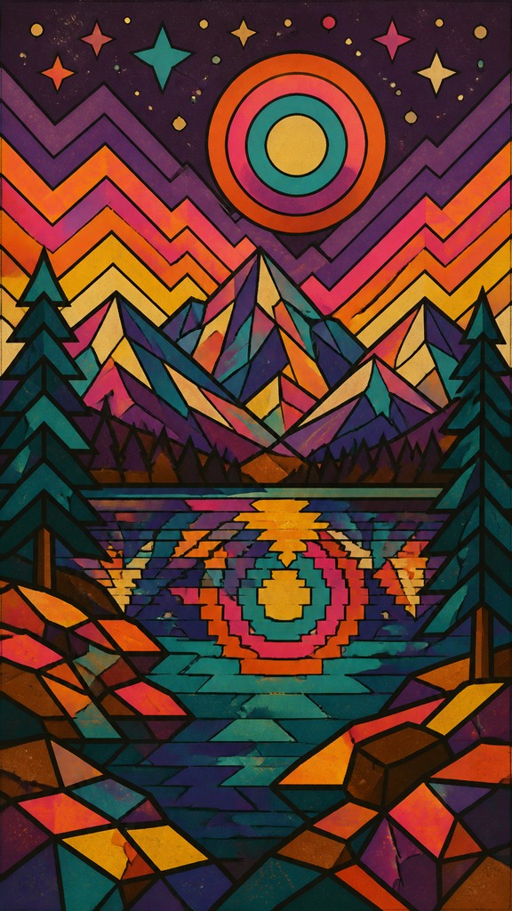 a tranquil mountain lake beneath a starry night sky, no people, no text — Retro Geometric Art phone wallpaper