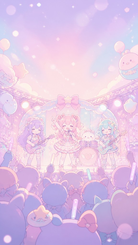 a live music scene with a glowing stage and silhouetted crowd, energetic vertical composition with open space at the top, no text — Kawaii Pastel Anime Art Style flyer