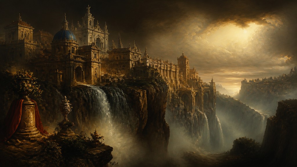 a cliffside city with waterfalls cascading into a misty canyon, wide establishing shot, no people, no text — Dutch Golden Age Still Life Art Style concept art