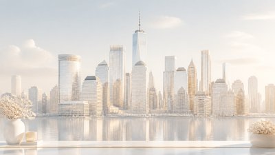 a city skyline panorama at dusk with glowing windows, no people — Clean Girl Aesthetic wallpaper