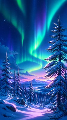 a snowy pine forest under the northern lights, no people — Anime Art Style wallpaper