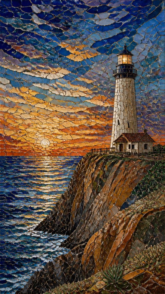 a lone lighthouse on a cliff at dusk under a dramatic sky, no text or lettering — Ceramic Mosaic Art Style poster