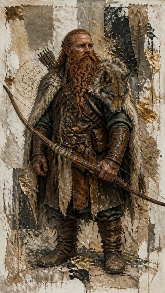 full-body original character: a dwarven ranger with a braided auburn beard, worn leather armor, a longbow and a wolf-pelt cloak, neutral background, no text — Mixed Media Portrait Style tabletop character portrait