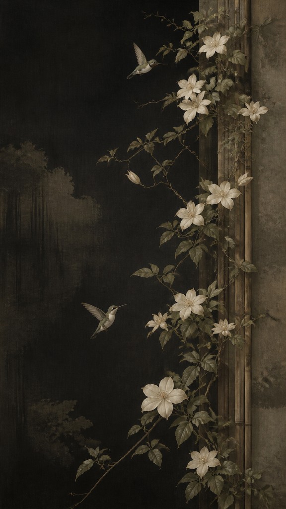 a climbing vine of flowers and hummingbirds on a dark background, tall wrapping composition, no text — Japanese Architecture Art phone case design