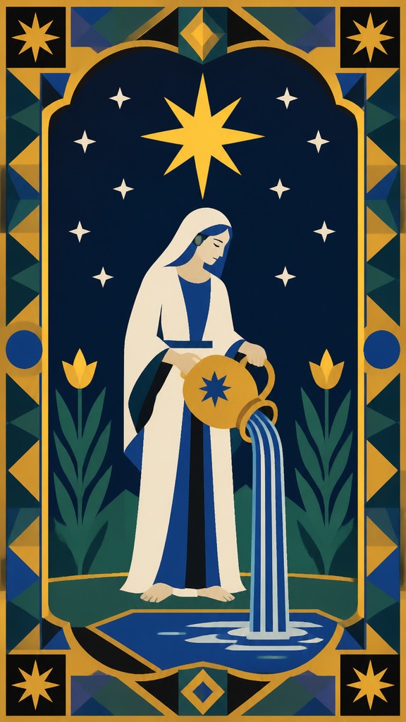 a robed figure pouring water beneath a large eight-pointed star in a night sky, symmetrical composition with an ornate decorative border, no text — Hard-edge Painting Style tarot card