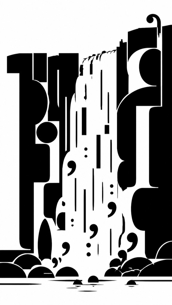 towering waterfall cascading down a cliff — Typographic Minimalism Art Style