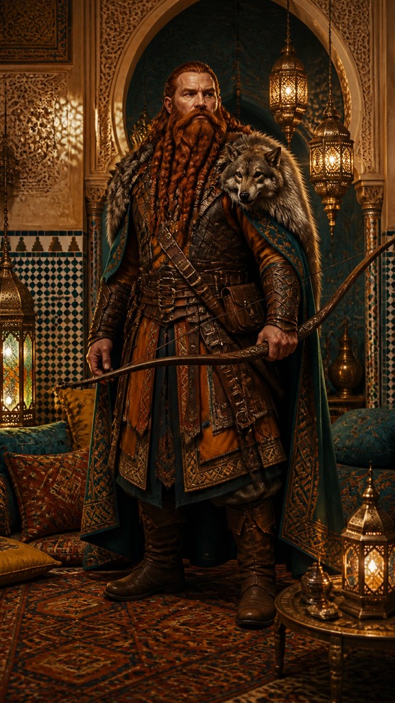 full-body original character: a dwarven ranger with a braided auburn beard, worn leather armor, a longbow and a wolf-pelt cloak, neutral background, no text — Moroccan Interior Design tabletop character portrait