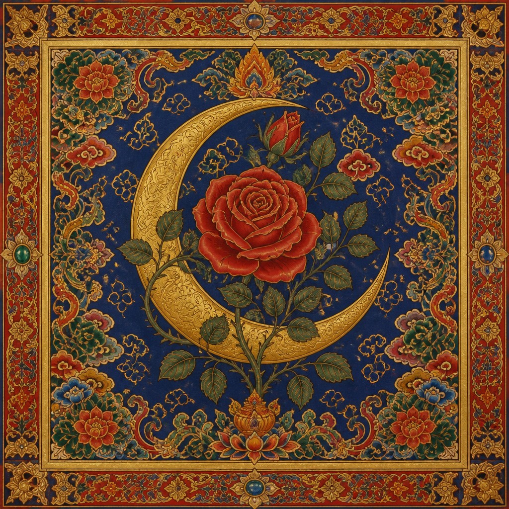 a rose entwined with a crescent moon, clean balanced composition on a plain background, no text — Tibetan Religious Art tattoo design
