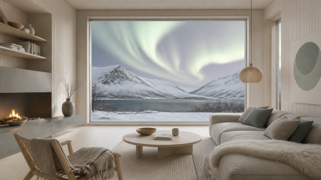 a flowing aurora over snowy peaks, wide sweeping composition, no people, no text — Scandinavian Furniture Art banner