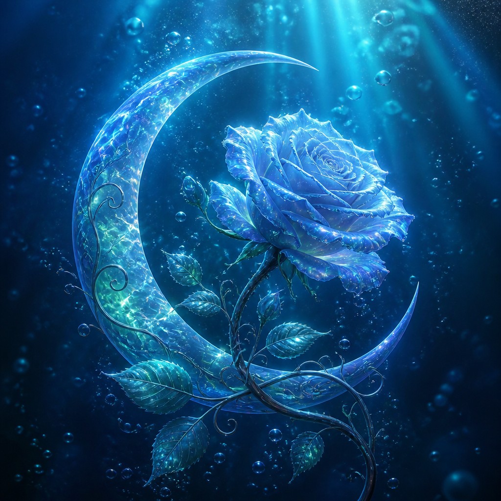 a rose entwined with a crescent moon, clean balanced composition on a plain background, no text — Underwater Fantasy Art tattoo design