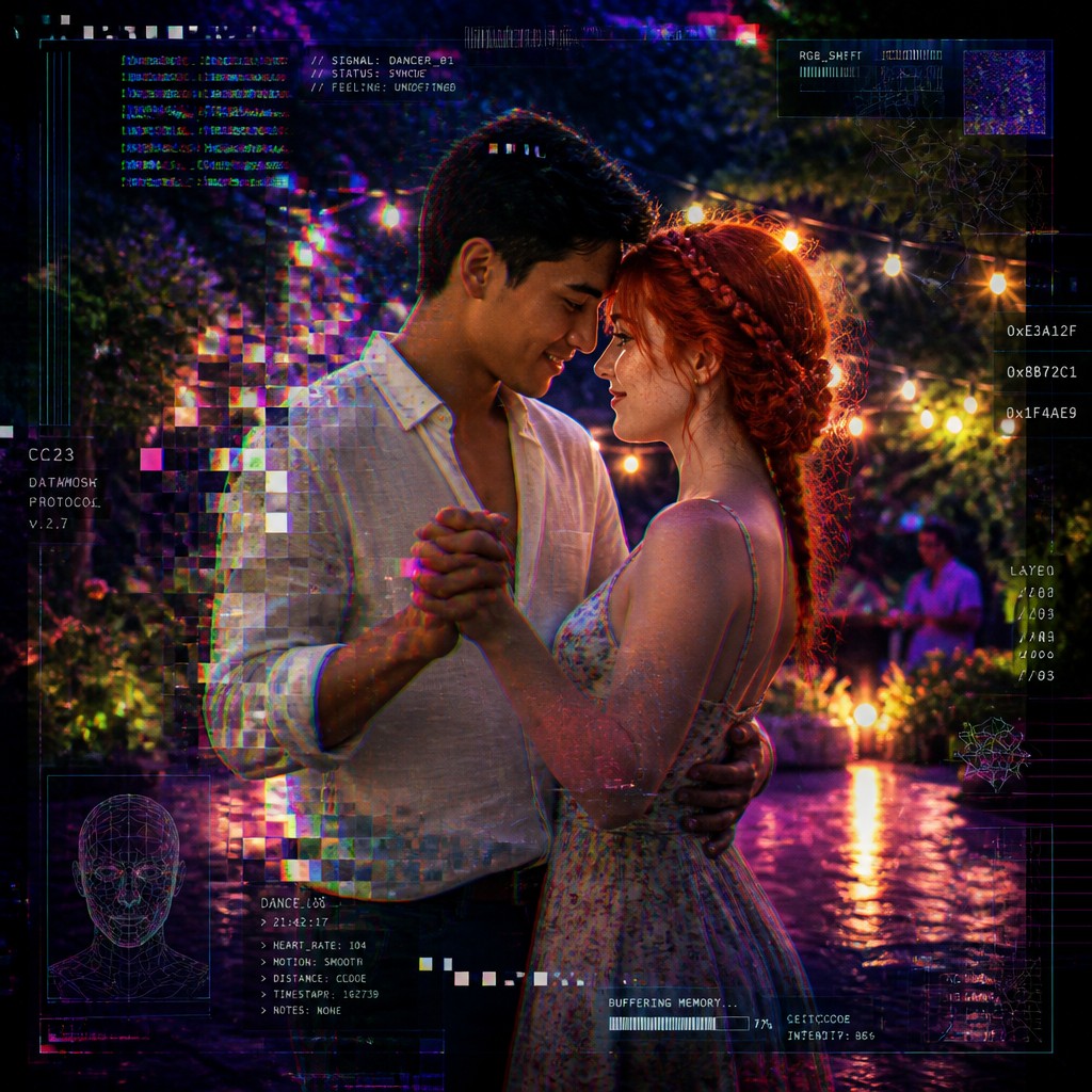 an original couple dancing under string lights in a garden at dusk: a man with short black hair in a linen shirt and a woman with braided red hair in a summer dress — New Media Art Style couple portrait