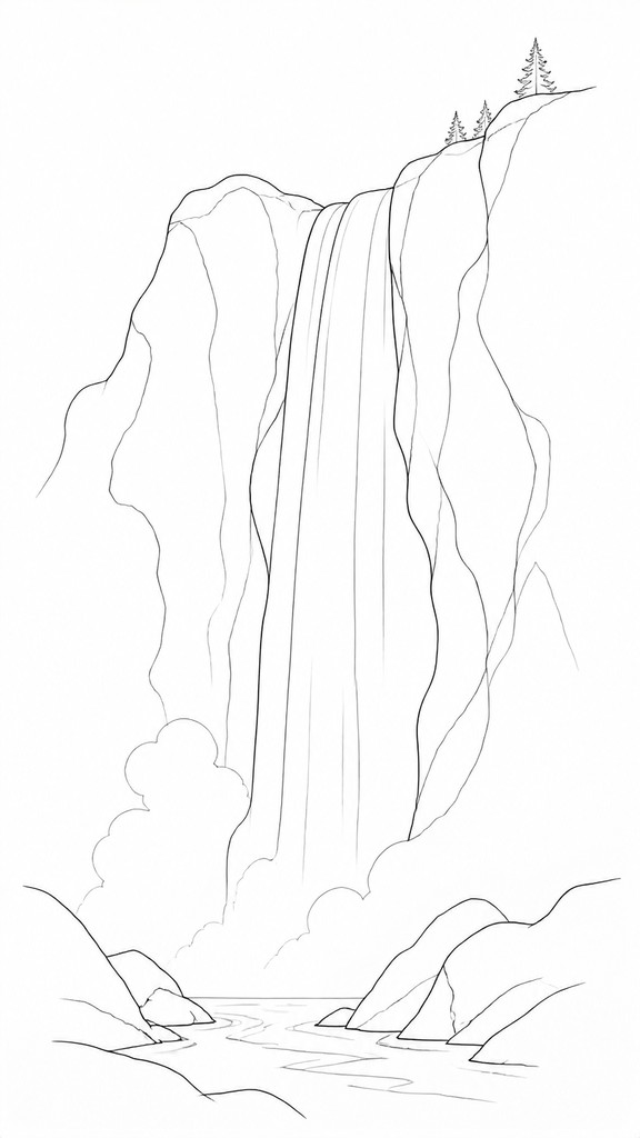 towering waterfall cascading down a cliff — Contour Line Drawing Style
