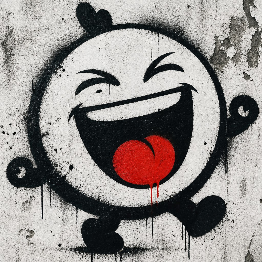 an exaggerated laughing face of an original round mascot character, bold and readable at small size, plain background, no text — Stencil Street Art Style Twitch emote