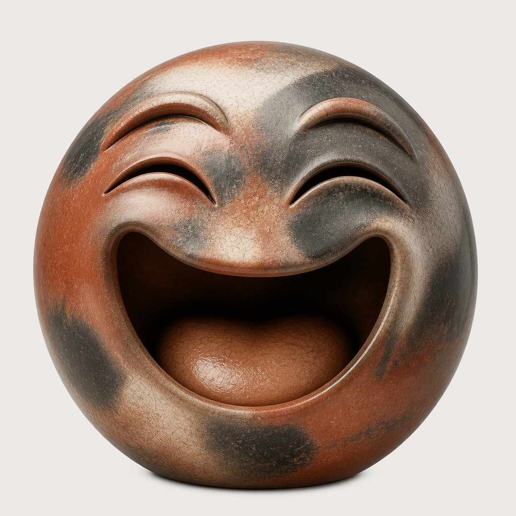 an exaggerated laughing face of an original round mascot character, bold and readable at small size, plain background, no text — Terra Sigillata Ceramic Art Style Twitch emote