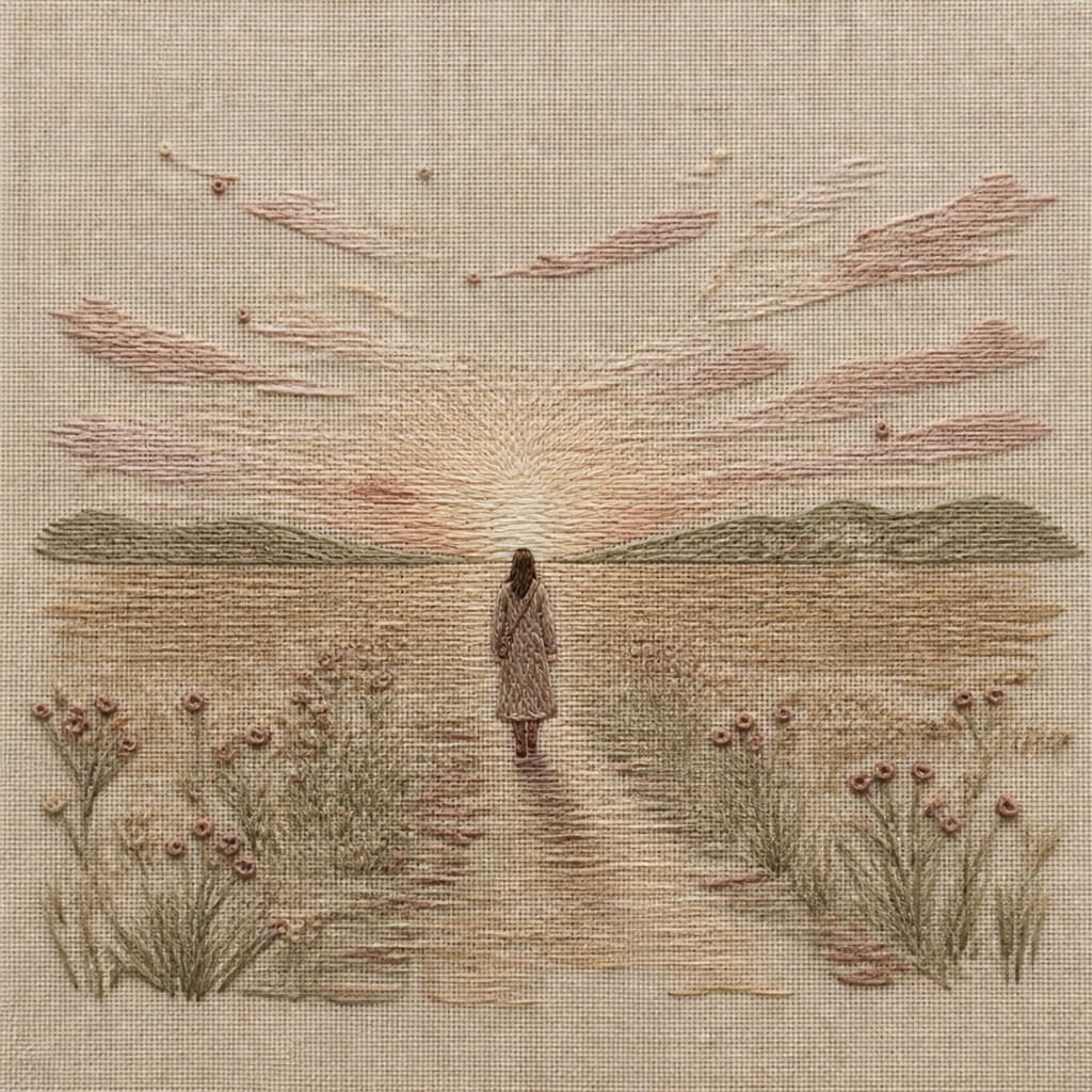 a solitary figure walking toward a glowing horizon across an empty plain, moody atmosphere, no text or lettering — Hand Embroidery Illustration / Textile Art album cover