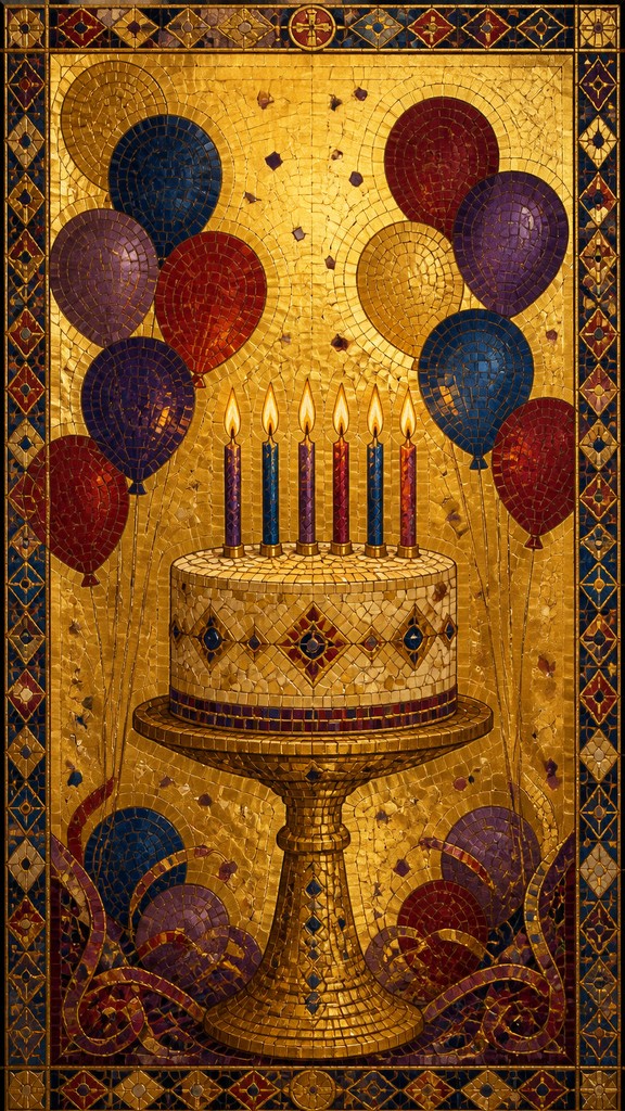 a birthday cake with lit candles surrounded by balloons and confetti, festive vertical composition, no text — Byzantine Classical Art Style birthday card