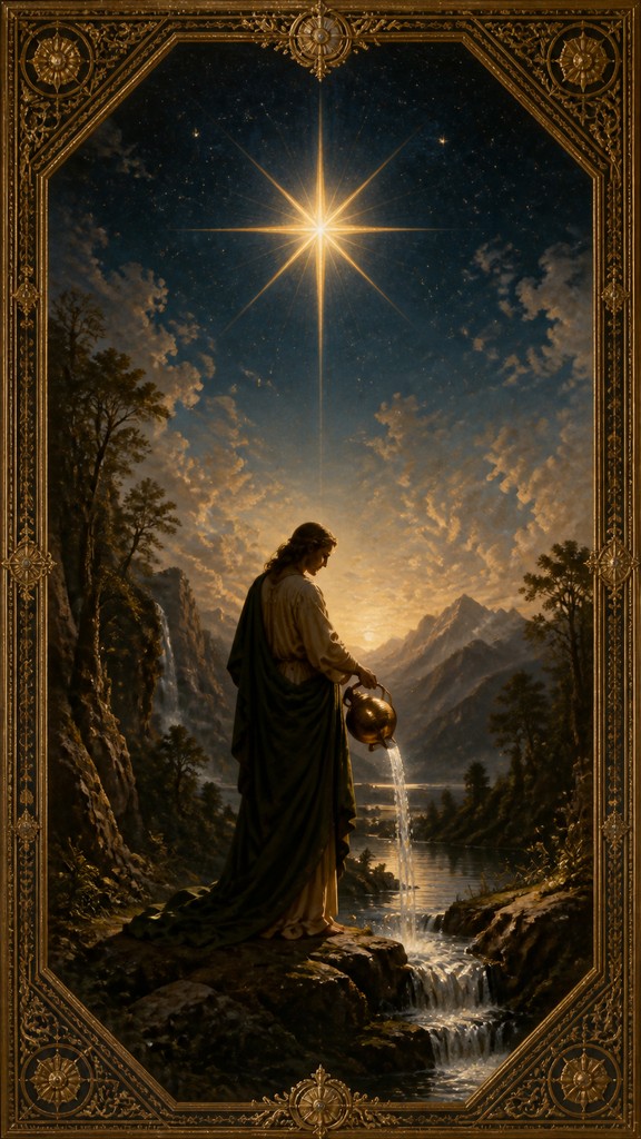 a robed figure pouring water beneath a large eight-pointed star in a night sky, symmetrical composition with an ornate decorative border, no text — Hudson River School Art Style tarot card