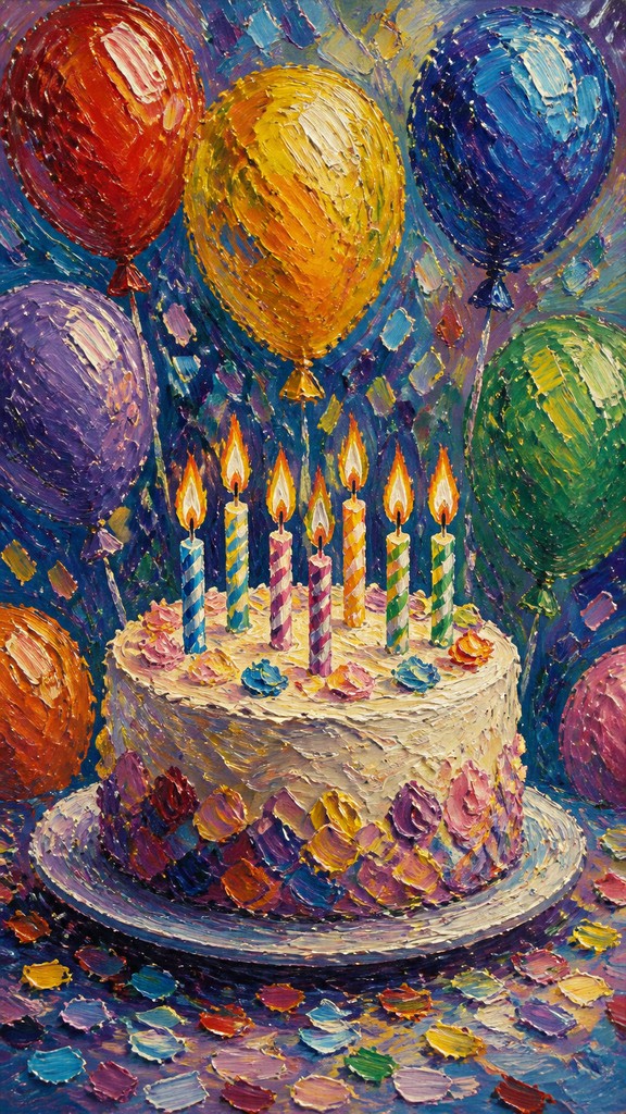 a birthday cake with lit candles surrounded by balloons and confetti, festive vertical composition, no text — Post-Impressionism Art Style birthday card