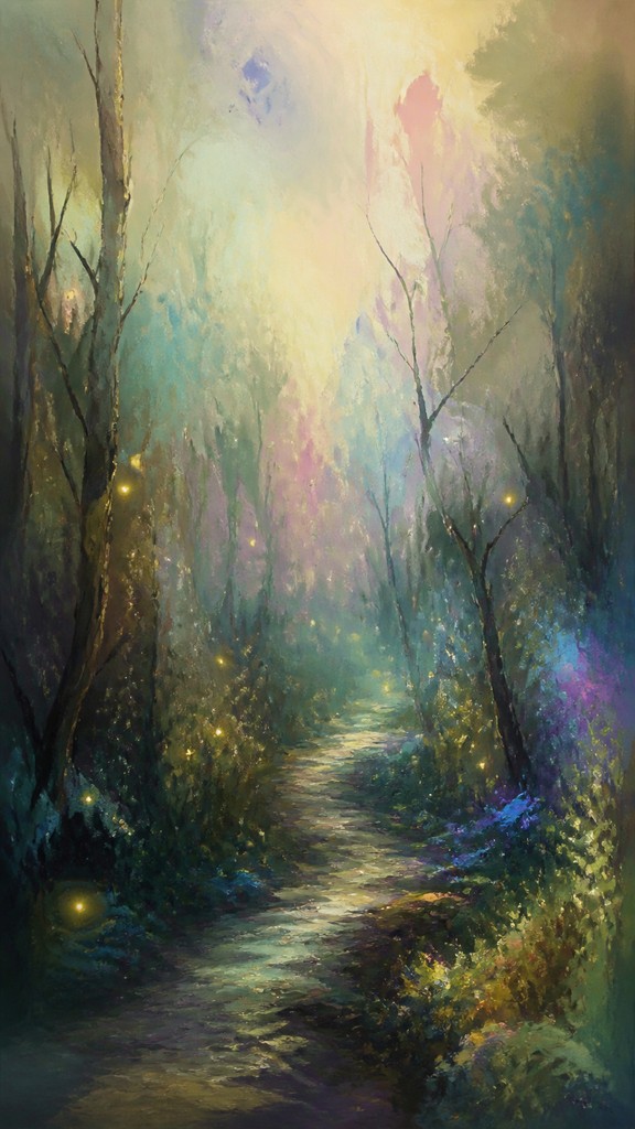 a mysterious forest path with fireflies and drifting mist, atmospheric vertical composition with open space at the top, no text — Lyrical Abstraction Art Style book cover