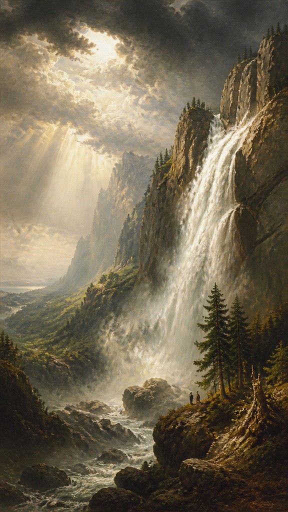 towering waterfall cascading down a cliff — Düsseldorf School Art Style
