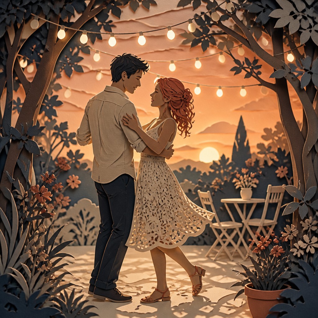 an original couple dancing under string lights in a garden at dusk: a man with short black hair in a linen shirt and a woman with braided red hair in a summer dress — Paper Cut Art Style couple portrait