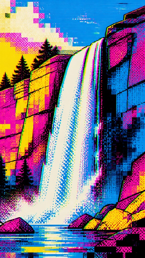 towering waterfall cascading down a cliff — Digital Pop Art Style