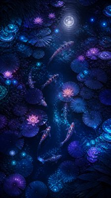 a koi pond with lily pads seen from above, no people — Lunarpunk Aesthetic wallpaper