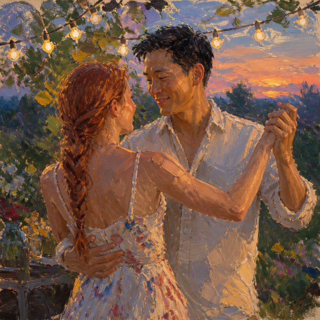an original couple dancing under string lights in a garden at dusk: a man with short black hair in a linen shirt and a woman with braided red hair in a summer dress — Plein Air Landscape Art Style couple portrait