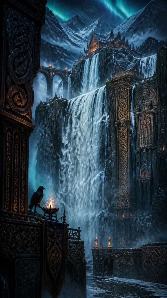 towering waterfall cascading down a cliff — Norse Fantasy Art
