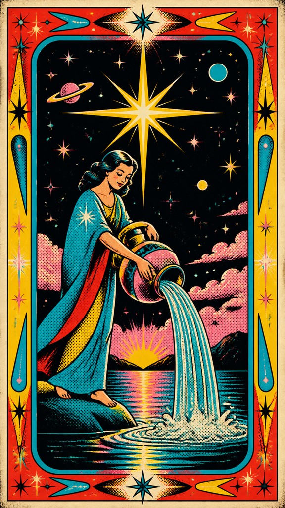 a robed figure pouring water beneath a large eight-pointed star in a night sky, symmetrical composition with an ornate decorative border, no text — Retro Pop Art Style tarot card