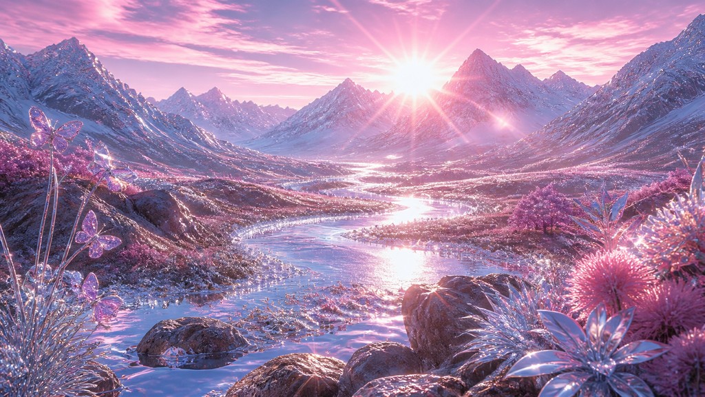 a vast valley with a river winding toward distant mountains at sunrise, no people, no text — Y2K Fashion Style desktop wallpaper