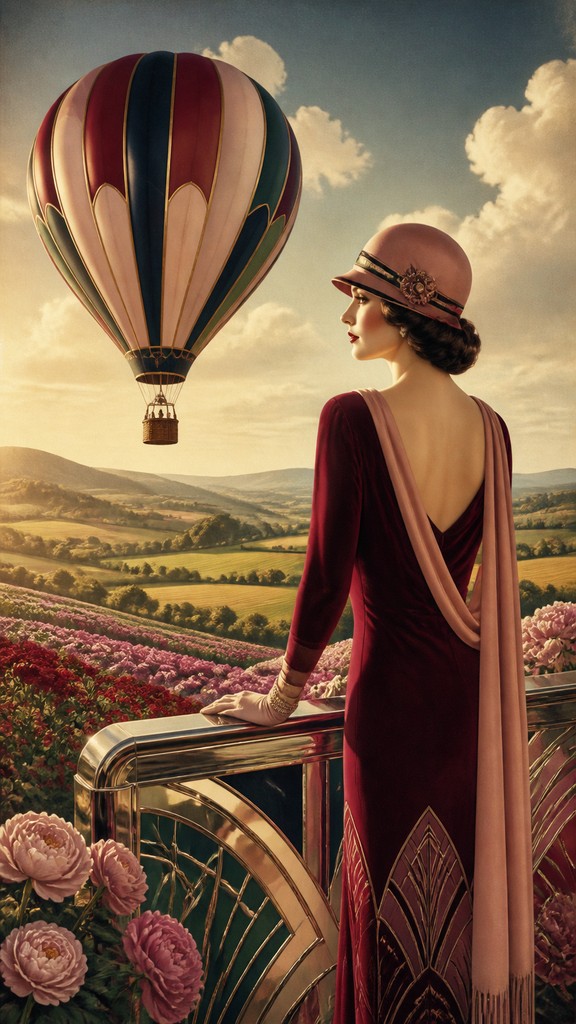 a hot air balloon drifting over rolling flower fields on a sunny day, cheerful, no text — Vintage Retro Fashion Design greeting card