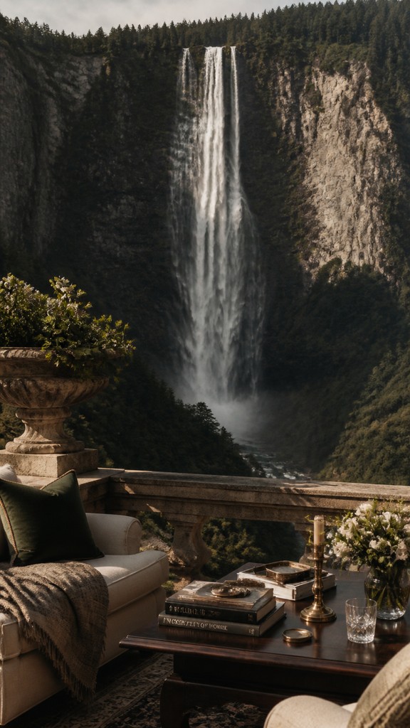 towering waterfall cascading down a cliff — Old Money Aesthetic