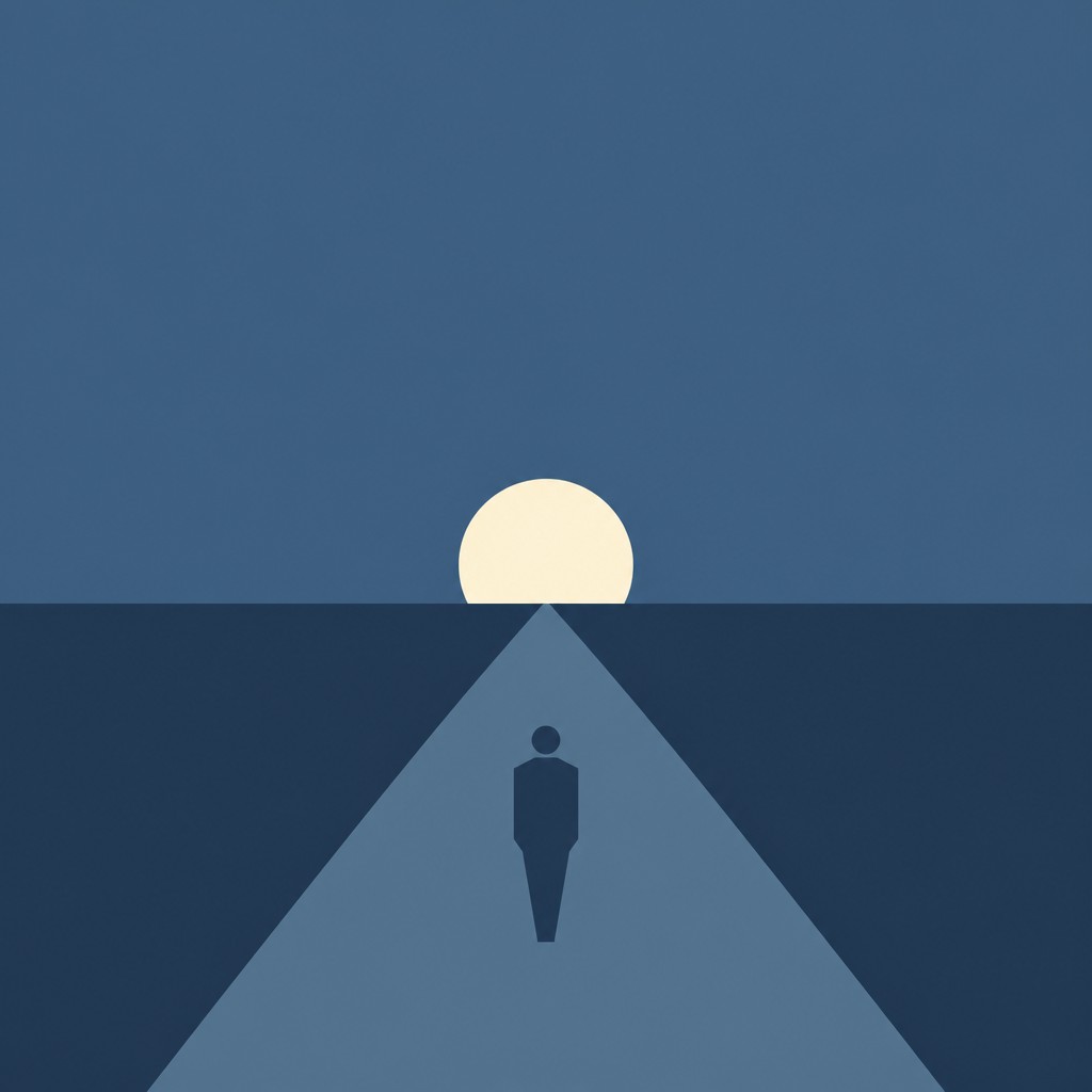 a solitary figure walking toward a glowing horizon across an empty plain, moody atmosphere, no text or lettering — Minimalism Art Style album cover
