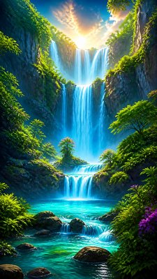 a cascading waterfall in a lush green gorge, no people — Digital Art Style wallpaper