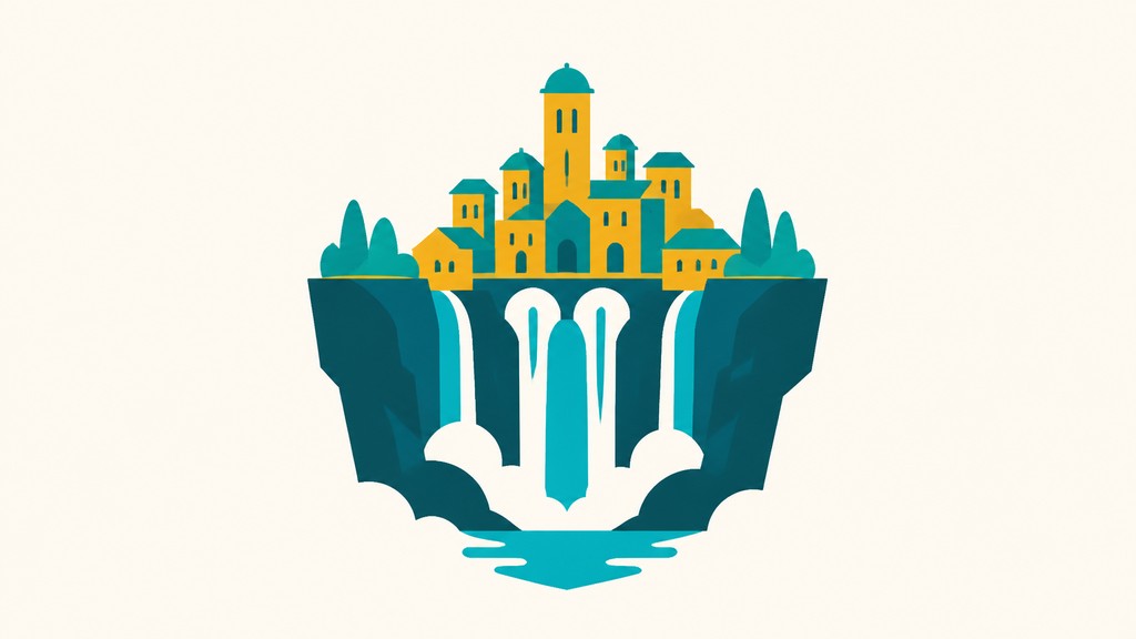 a cliffside city with waterfalls cascading into a misty canyon, wide establishing shot, no people, no text — Flat Icon Design concept art