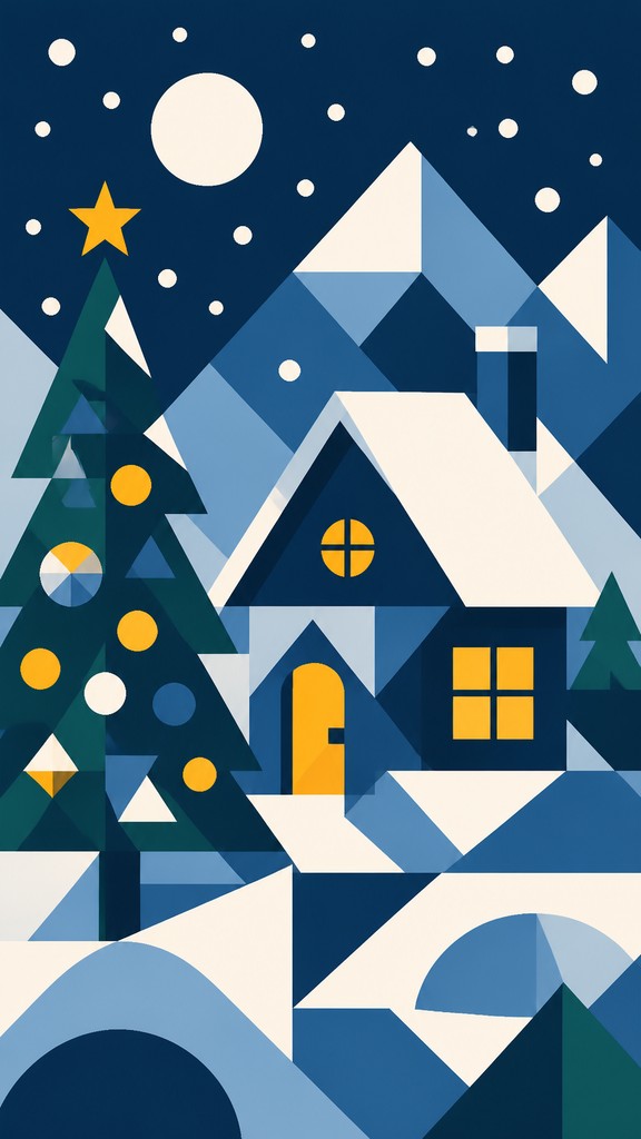 a snow-covered cottage with warm glowing windows beside a decorated pine tree, gentle snowfall, no text — Abstract Geometric Art Christmas card
