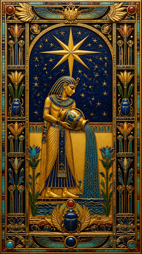 a robed figure pouring water beneath a large eight-pointed star in a night sky, symmetrical composition with an ornate decorative border, no text — Egyptian Revival Jewelry Style tarot card