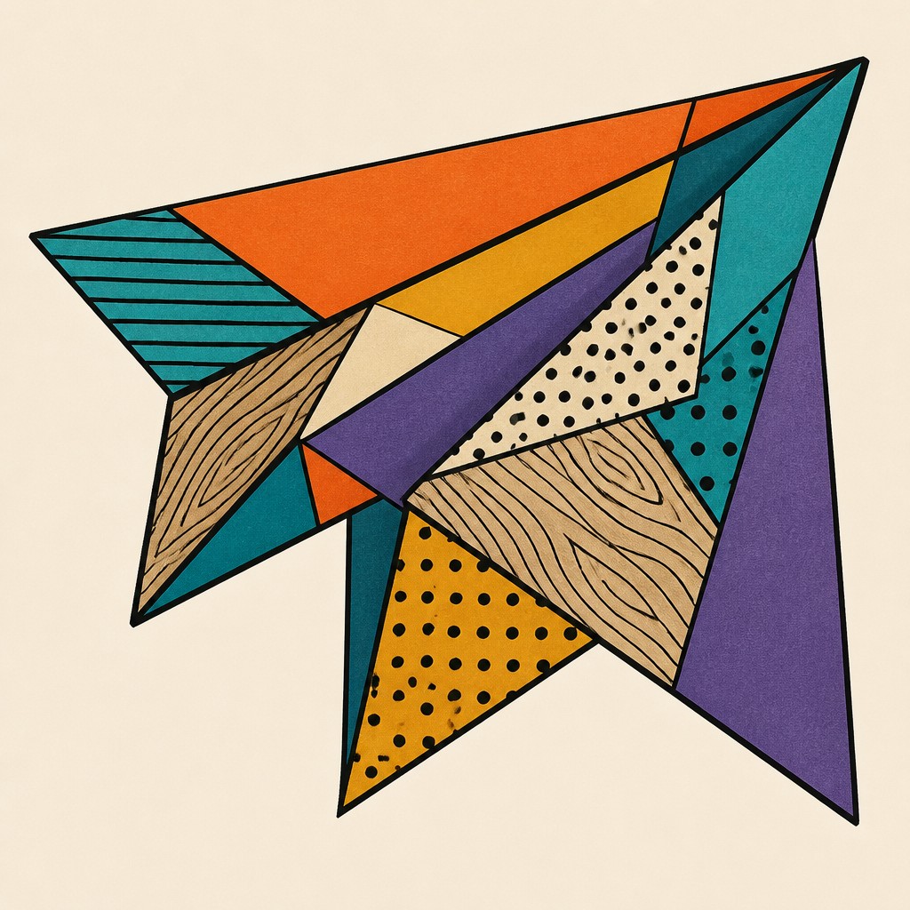 a paper plane, clean minimal composition on a plain background, no text — Synthetic Cubism Art Style icon