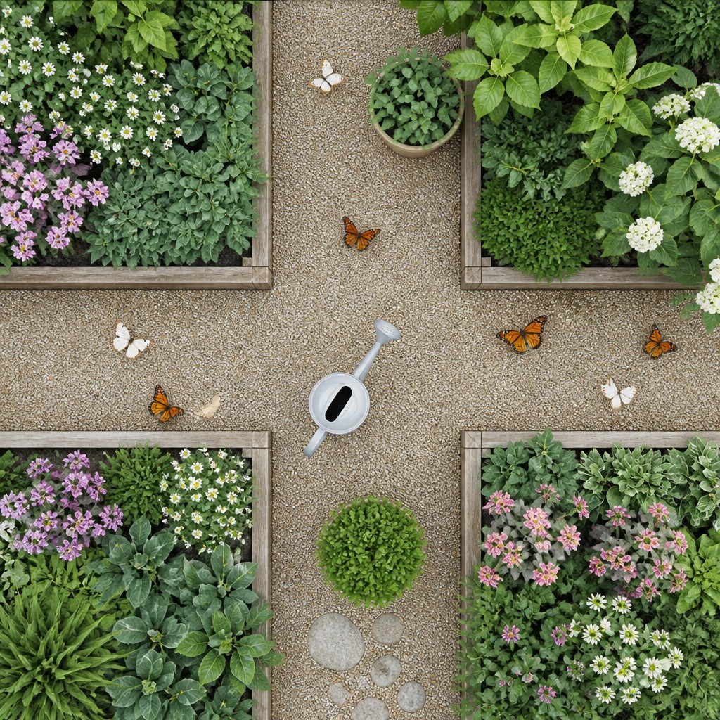 a garden scene with butterflies, flowers and a watering can, clean uncolored line art, no text — Aerial Drone Photography Style coloring page