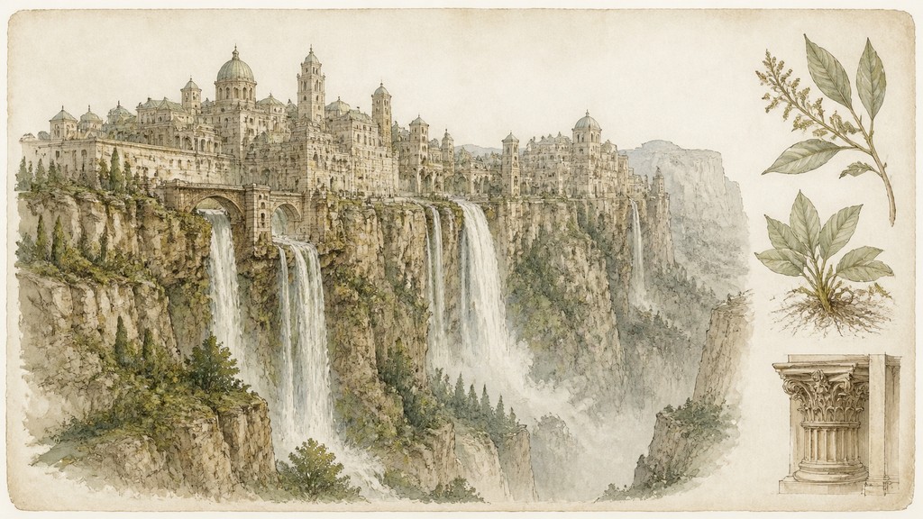 a cliffside city with waterfalls cascading into a misty canyon, wide establishing shot, no people, no text — Traditional Botanical Still Life Art Style concept art